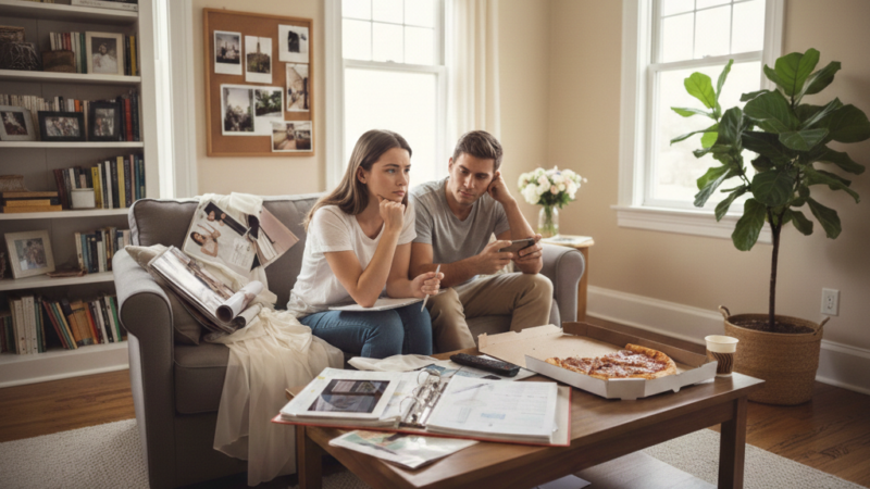 Novia revisando la planificación de su boda mientras el novio no se involucra