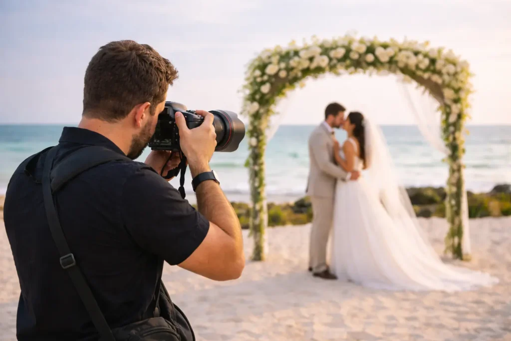 Sesión de fotos en la playa de Panamá con arena blanca, mar y luz natural