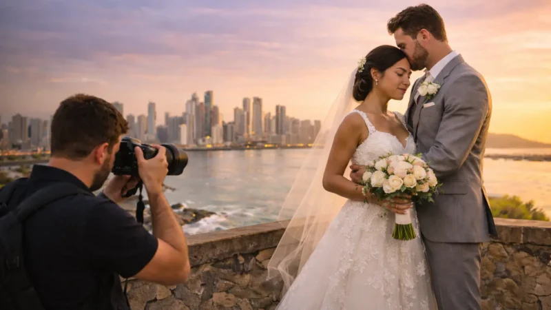 Sesión de fotos en la Ciudad de Panamá con vista urbana y edificios emblemáticos